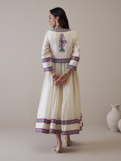 Resham Embroidered Kurta Set with Jacket by RoohbyRidhimaa with Avani by RoohbyRidhimaa, Ethnic Wear, Kurta Pant Sets, Pure Chanderi, Regular Fit, Resham Embroidered, Toxin free, White at Kamakhyaa for sustainable fashion