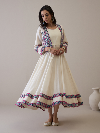 Resham Embroidered Kurta Set with Jacket by RoohbyRidhimaa with Avani by RoohbyRidhimaa, Ethnic Wear, Kurta Pant Sets, Pure Chanderi, Regular Fit, Resham Embroidered, Toxin free, White at Kamakhyaa for sustainable fashion