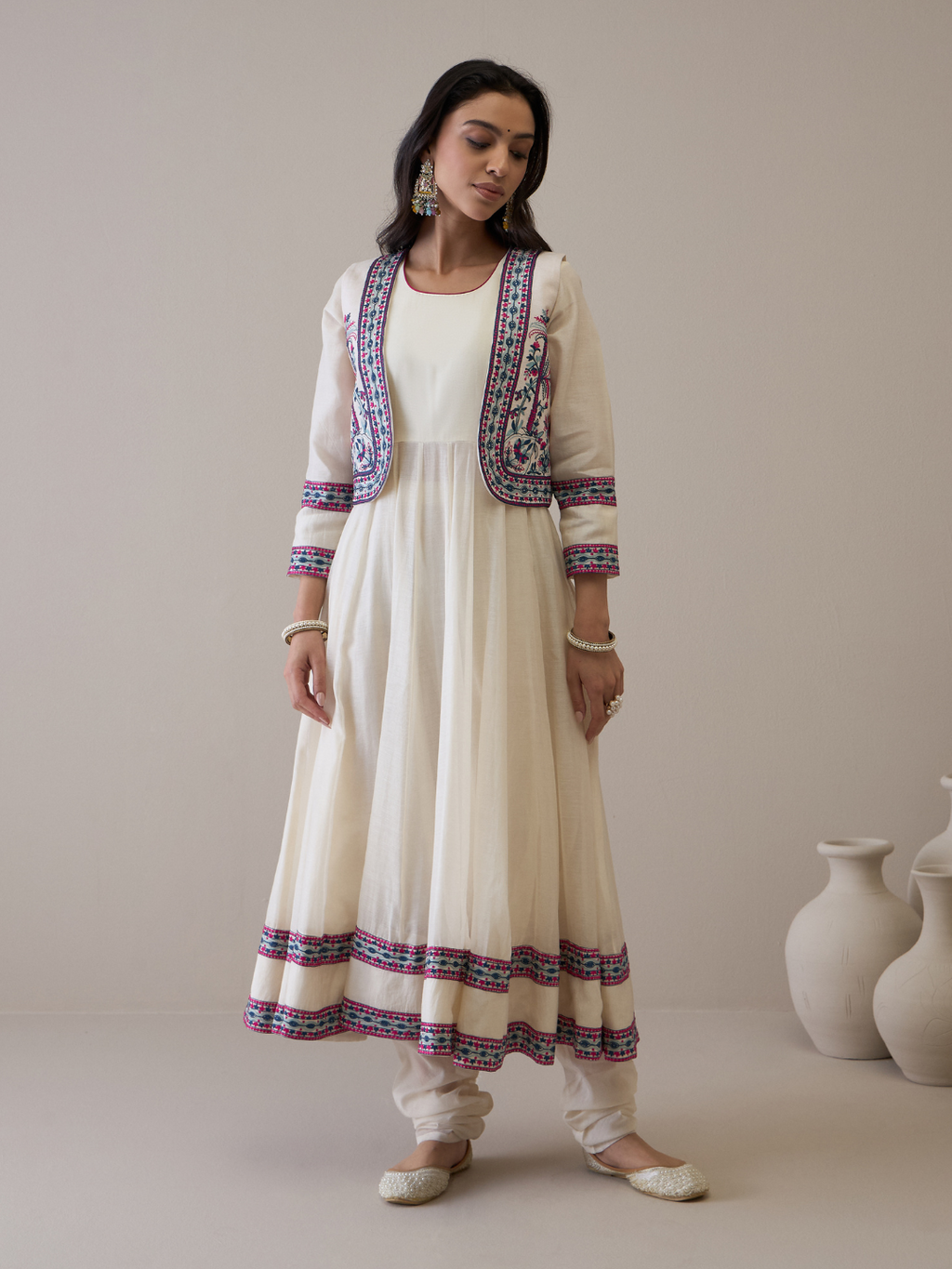 Resham Embroidered Kurta Set with Jacket by RoohbyRidhimaa with Avani by RoohbyRidhimaa, Ethnic Wear, Kurta Pant Sets, Pure Chanderi, Regular Fit, Resham Embroidered, Toxin free, White at Kamakhyaa for sustainable fashion