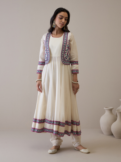 Resham Embroidered Kurta Set with Jacket by RoohbyRidhimaa with Avani by RoohbyRidhimaa, Ethnic Wear, Kurta Pant Sets, Pure Chanderi, Regular Fit, Resham Embroidered, Toxin free, White at Kamakhyaa for sustainable fashion