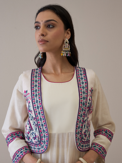 Resham Embroidered Kurta Set with Jacket by RoohbyRidhimaa with Avani by RoohbyRidhimaa, Ethnic Wear, Kurta Pant Sets, Pure Chanderi, Regular Fit, Resham Embroidered, Toxin free, White at Kamakhyaa for sustainable fashion