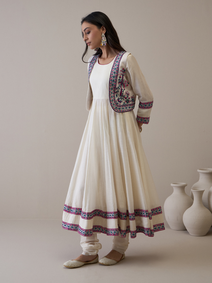 Resham Embroidered Kurta Set with Jacket by RoohbyRidhimaa with Avani by RoohbyRidhimaa, Ethnic Wear, Kurta Pant Sets, Pure Chanderi, Regular Fit, Resham Embroidered, Toxin free, White at Kamakhyaa for sustainable fashion