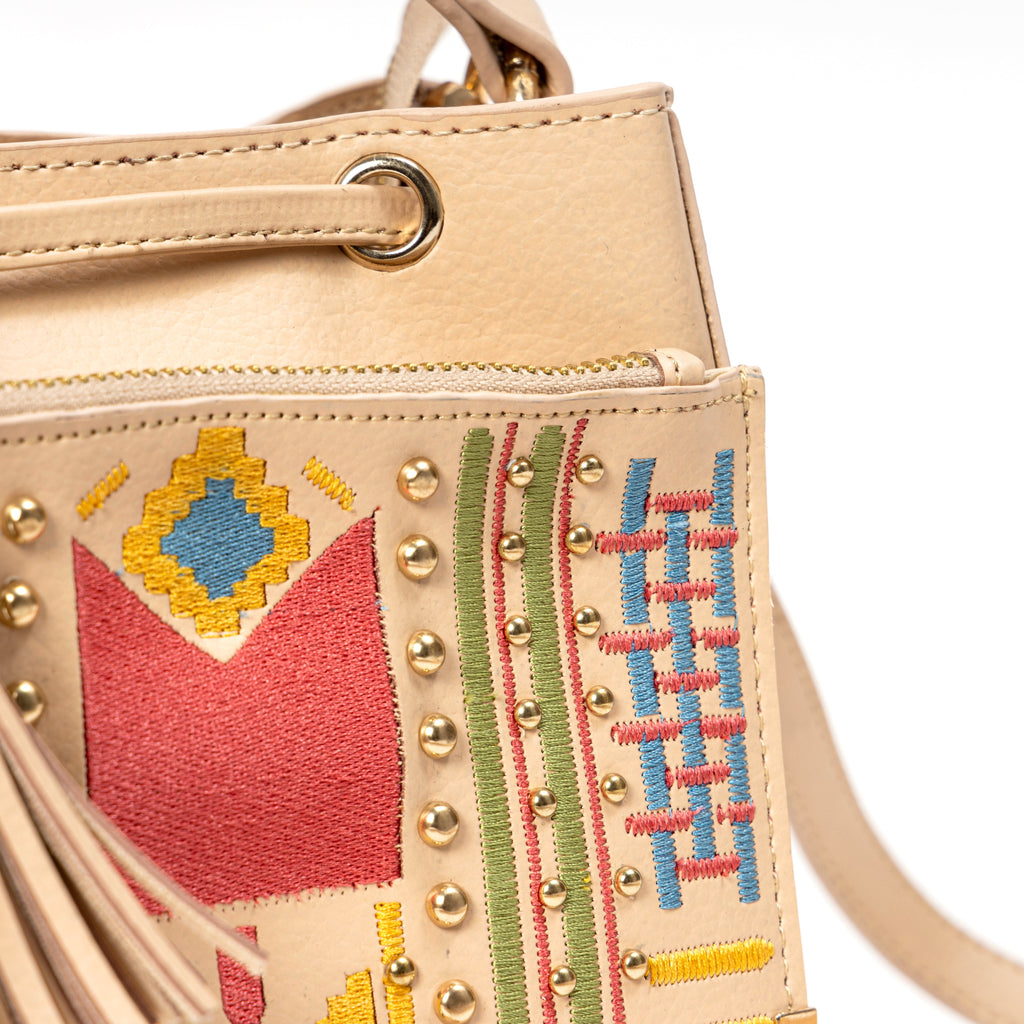 Nora Vegan Leather Embroidered Sling Bag - Almond by Green Hermitage with SS25 at Kamakhyaa for sustainable fashion