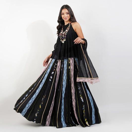 Summer floral Lehenga Set-Black by devyanimehrotra.com with LEHENGA at Kamakhyaa for sustainable fashion