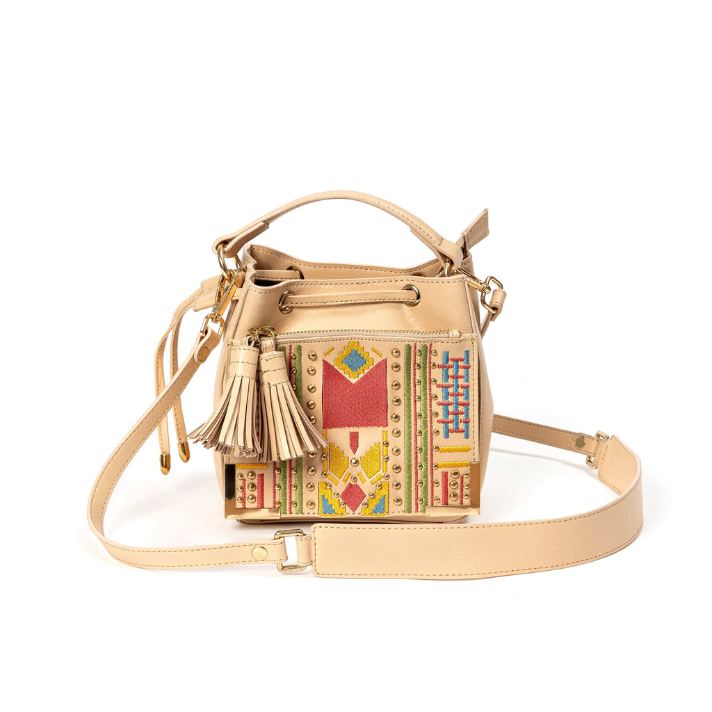 Nora Vegan Leather Embroidered Sling Bag - Almond by Green Hermitage with SS25 at Kamakhyaa for sustainable fashion