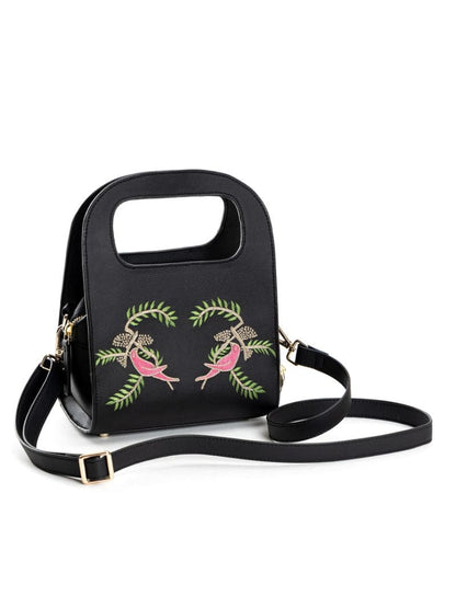 Black Embroidered Crossbody Bag by Green Hermitage with Apple Leather, Black, Crossbody Bags, Embroidered, Free Size, Hemp, Lyocell, Party Wear, Recycled at Kamakhyaa for sustainable fashion