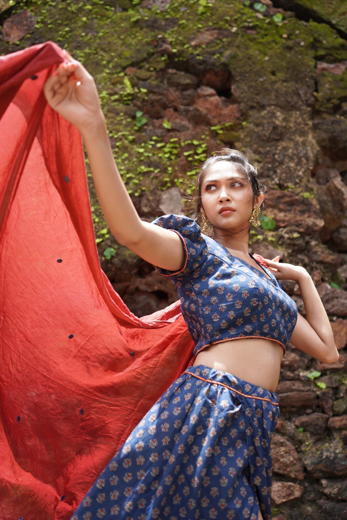 Blue Butta Printed Lehenga with Red Dupatta by Hasttvam with Blue, Console Collection List, Cotton, Festive Wear, Floral, Handmade by Artisans, Indian Wear by Hasttavam, Natural Dye, Navratri, Navratri Teens, Pinterest Page Visits Vanshika, Pinterest Top Pins Vanshika, Pinterest Top Saves Vanshika, Rang by Hasttvam, Relaxed Fit, Responsible production and Vegan at in.kamakhyaa.com for sustainable fashion