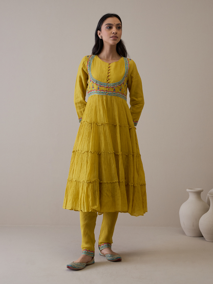 Mustard Pure Silk Chanderi Kurta Set with dupatta by RoohbyRidhimaa with Avani by RoohbyRidhimaa, Chanderi Silk, Festive Wear, Handloom Silk, Kurta Set with Dupattas, Pure Silk Chanderi, Regular Fit, Resham Embroidered, Silk Chanderi, Toxin free, Yellow at Kamakhyaa for sustainable fashion