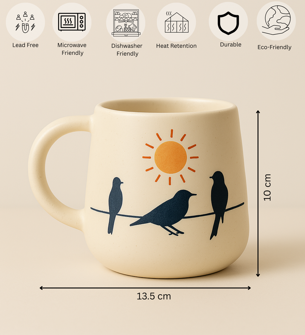 Golden Dawn Mug – Handcrafted Ceramic Mug with Sun & Birds on a Wire Illustration by Aetherea World with at Kamakhyaa for sustainable fashion