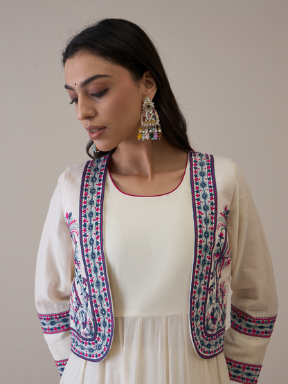 Resham Embroidered Kurta Set with Jacket by RoohbyRidhimaa with Avani by RoohbyRidhimaa, Ethnic Wear, Kurta Pant Sets, Pure Chanderi, Regular Fit, Resham Embroidered, Toxin free, White at Kamakhyaa for sustainable fashion