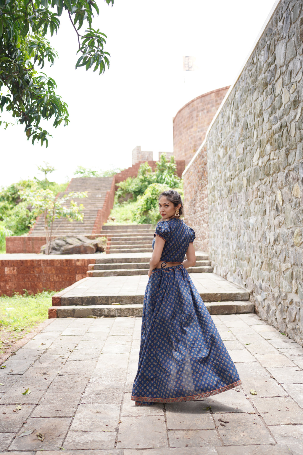 Blue Butta Printed Lehenga with Red Dupatta by Hasttvam with Blue, Console Collection List, Cotton, Festive Wear, Floral, Handmade by Artisans, Indian Wear by Hasttavam, Natural Dye, Navratri, Navratri Teens, Pinterest Page Visits Vanshika, Pinterest Top Pins Vanshika, Pinterest Top Saves Vanshika, Rang by Hasttvam, Relaxed Fit, Responsible production and Vegan at in.kamakhyaa.com for sustainable fashion