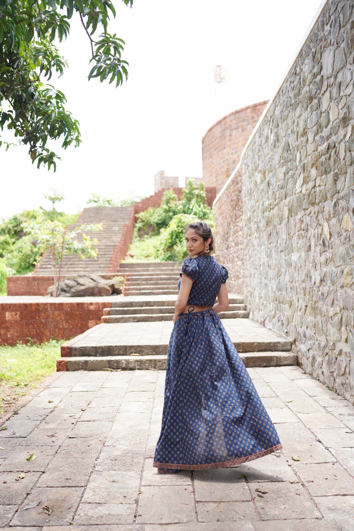 Blue Butta Printed Lehenga with Red Dupatta by Hasttvam with Blue, Console Collection List, Cotton, Festive Wear, Floral, Handmade by Artisans, Indian Wear by Hasttavam, Natural Dye, Navratri, Navratri Teens, Pinterest Page Visits Vanshika, Pinterest Top Pins Vanshika, Pinterest Top Saves Vanshika, Rang by Hasttvam, Relaxed Fit, Responsible production and Vegan at in.kamakhyaa.com for sustainable fashion
