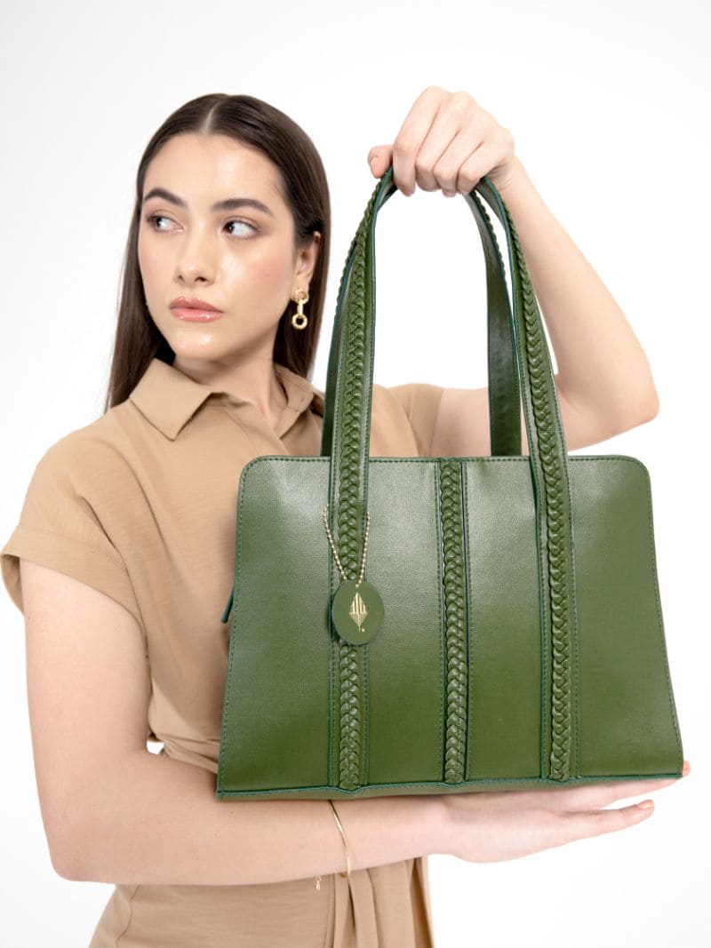 Green Office Wear Shoulder Bag by Green Hermitage with Cactus Leather, Free Size, Green, Hemp, Lyocell, Recycled, Shoulder Bags, Solids at Kamakhyaa for sustainable fashion