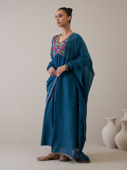 Trendy Aliacut Kurta Set with Resham Embroidered Neck design by RoohbyRidhimaa with Avani by RoohbyRidhimaa, Blue, Chanderi Silk, Cotton Mulmul, Festive Wear, Kurta Set with Dupattas, Pure Silk Chanderi, Regular Fit, Resham Embroidered, Silk Chanderi, Toxin free at Kamakhyaa for sustainable fashion