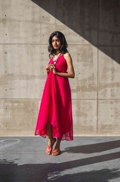 Pink V-Neck Chanderi Silk Dress by Araayeh with Artisan Made, Handwoven Chanderi, Pink, Resort Wear, Sleeveless Dresses, Solids at Kamakhyaa for sustainable fashion