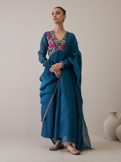 Trendy Aliacut Kurta Set with Resham Embroidered Neck design by RoohbyRidhimaa with Avani by RoohbyRidhimaa, Blue, Chanderi Silk, Cotton Mulmul, Festive Wear, Kurta Set with Dupattas, Pure Silk Chanderi, Regular Fit, Resham Embroidered, Silk Chanderi, Toxin free at Kamakhyaa for sustainable fashion