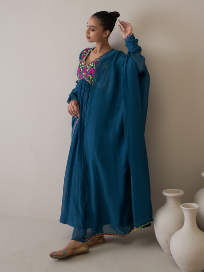 Trendy Aliacut Kurta Set with Resham Embroidered Neck design by RoohbyRidhimaa with Avani by RoohbyRidhimaa, Blue, Chanderi Silk, Cotton Mulmul, Festive Wear, Kurta Set with Dupattas, Pure Silk Chanderi, Regular Fit, Resham Embroidered, Silk Chanderi, Toxin free at Kamakhyaa for sustainable fashion