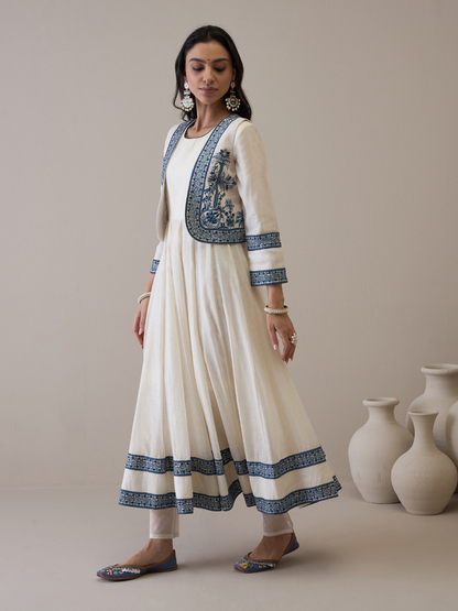 Off White Chanderi Kurta Set with Jacket by RoohbyRidhimaa with Avani by RoohbyRidhimaa, Ethnic Wear, Kurta Pant Sets, Pure Chanderi, Regular Fit, Resham Embroidered, Toxin free, White at Kamakhyaa for sustainable fashion