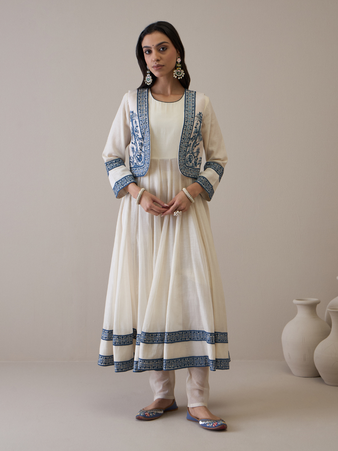 Off White Chanderi Kurta Set with Jacket by RoohbyRidhimaa with Avani by RoohbyRidhimaa, Ethnic Wear, Kurta Pant Sets, Pure Chanderi, Regular Fit, Resham Embroidered, Toxin free, White at Kamakhyaa for sustainable fashion