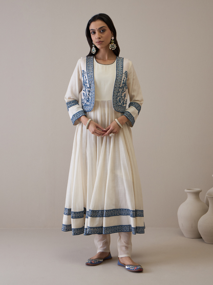 Off White Chanderi Kurta Set with Jacket by RoohbyRidhimaa with Avani by RoohbyRidhimaa, Ethnic Wear, Kurta Pant Sets, Pure Chanderi, Regular Fit, Resham Embroidered, Toxin free, White at Kamakhyaa for sustainable fashion