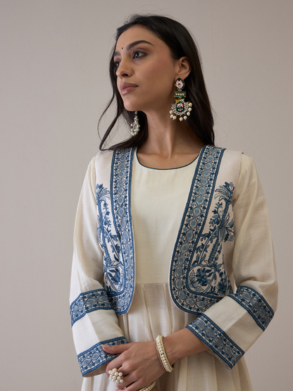 Off White Chanderi Kurta Set with Jacket by RoohbyRidhimaa with Avani by RoohbyRidhimaa, Ethnic Wear, Kurta Pant Sets, Pure Chanderi, Regular Fit, Resham Embroidered, Toxin free, White at Kamakhyaa for sustainable fashion