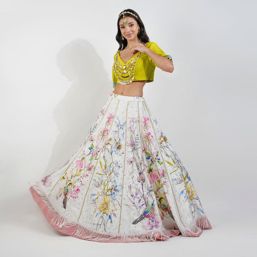 Summer floral Lehenga Set by devyanimehrotra.com with LEHENGA, mehendi outfit, printed lehenga, sangeet outfit at Kamakhyaa for sustainable fashion