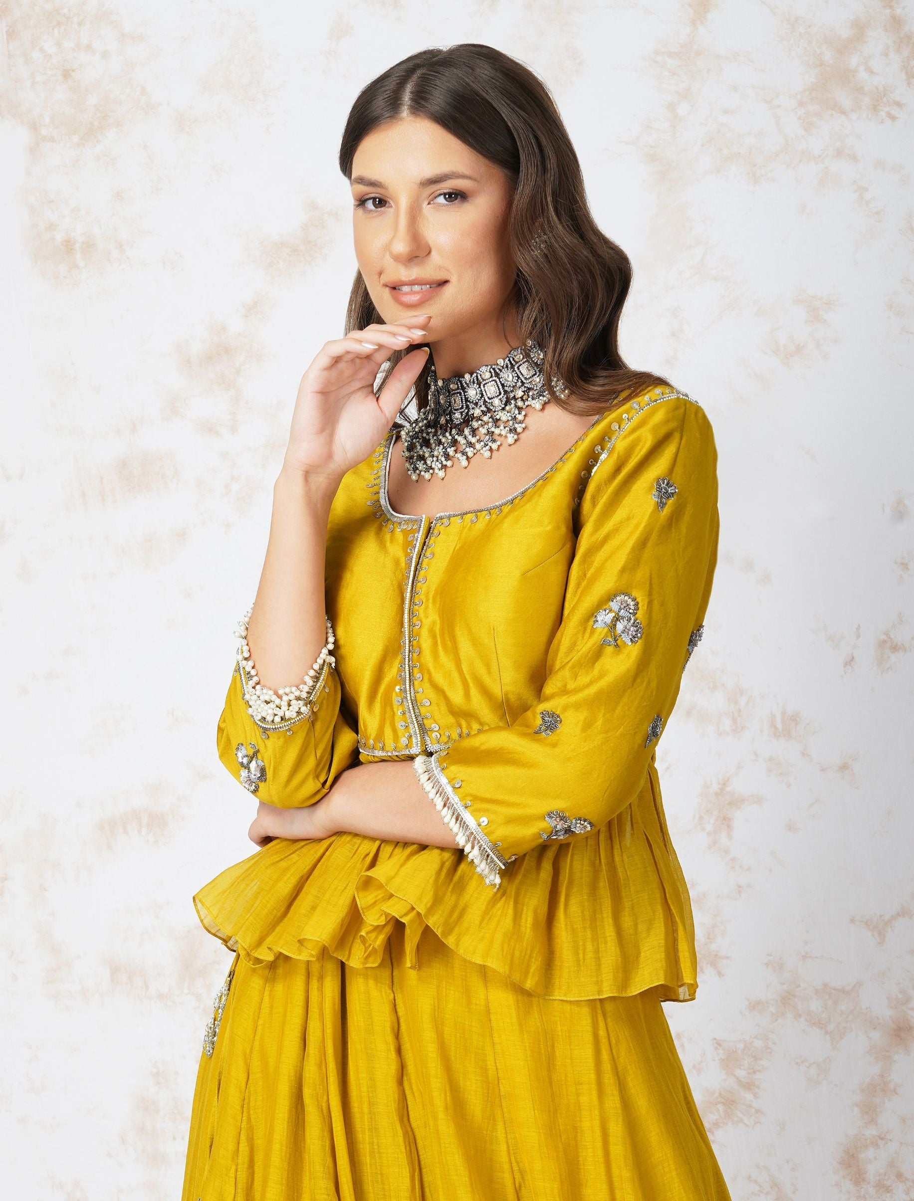 ANTIQUE WORK MUSTARD LEHENGA SET by devyanimehrotra.com with at Kamakhyaa for sustainable fashion