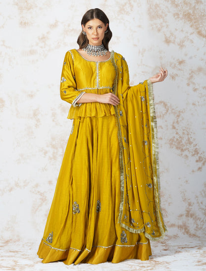 ANTIQUE WORK MUSTARD LEHENGA SET by devyanimehrotra.com with at Kamakhyaa for sustainable fashion