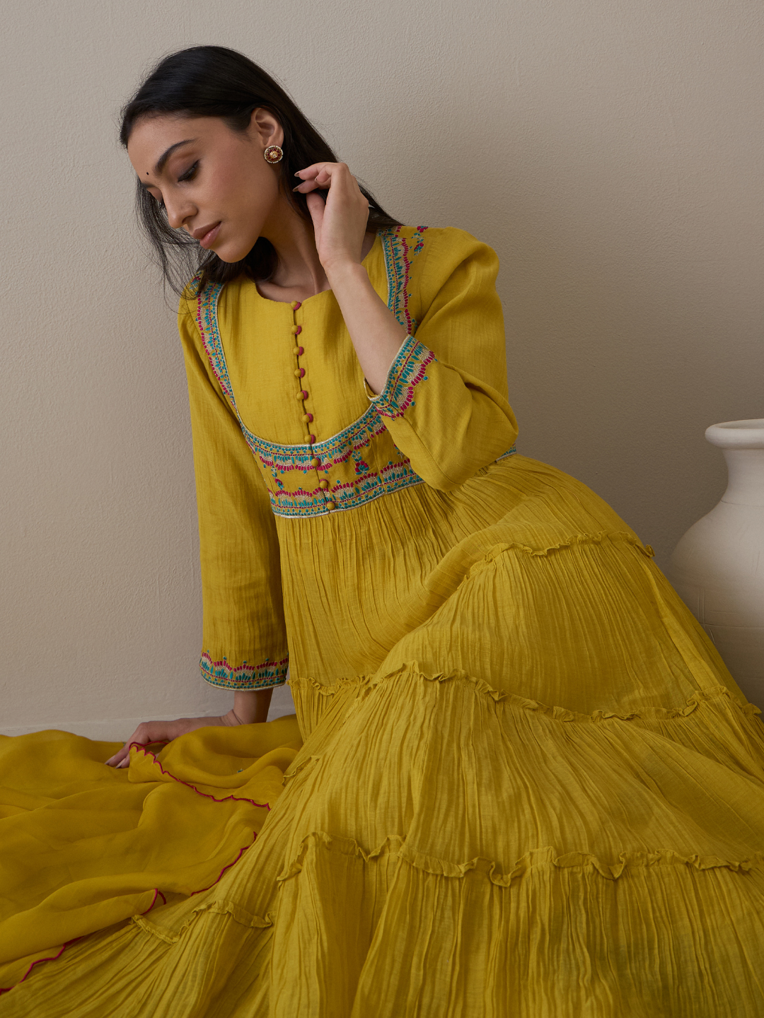 Mustard Pure Silk Chanderi Kurta Set with dupatta by RoohbyRidhimaa with Avani by RoohbyRidhimaa, Chanderi Silk, Festive Wear, Handloom Silk, Kurta Set with Dupattas, Pure Silk Chanderi, Regular Fit, Resham Embroidered, Silk Chanderi, Toxin free, Yellow at Kamakhyaa for sustainable fashion