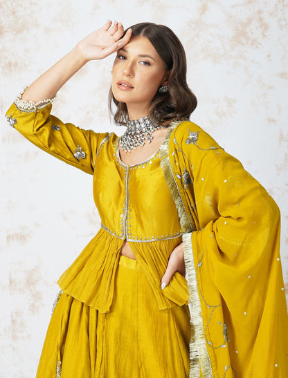 ANTIQUE WORK MUSTARD LEHENGA SET by devyanimehrotra.com with at Kamakhyaa for sustainable fashion