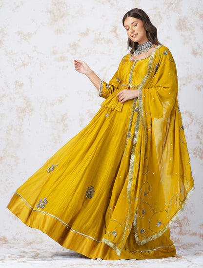 ANTIQUE WORK MUSTARD LEHENGA SET by devyanimehrotra.com with at Kamakhyaa for sustainable fashion