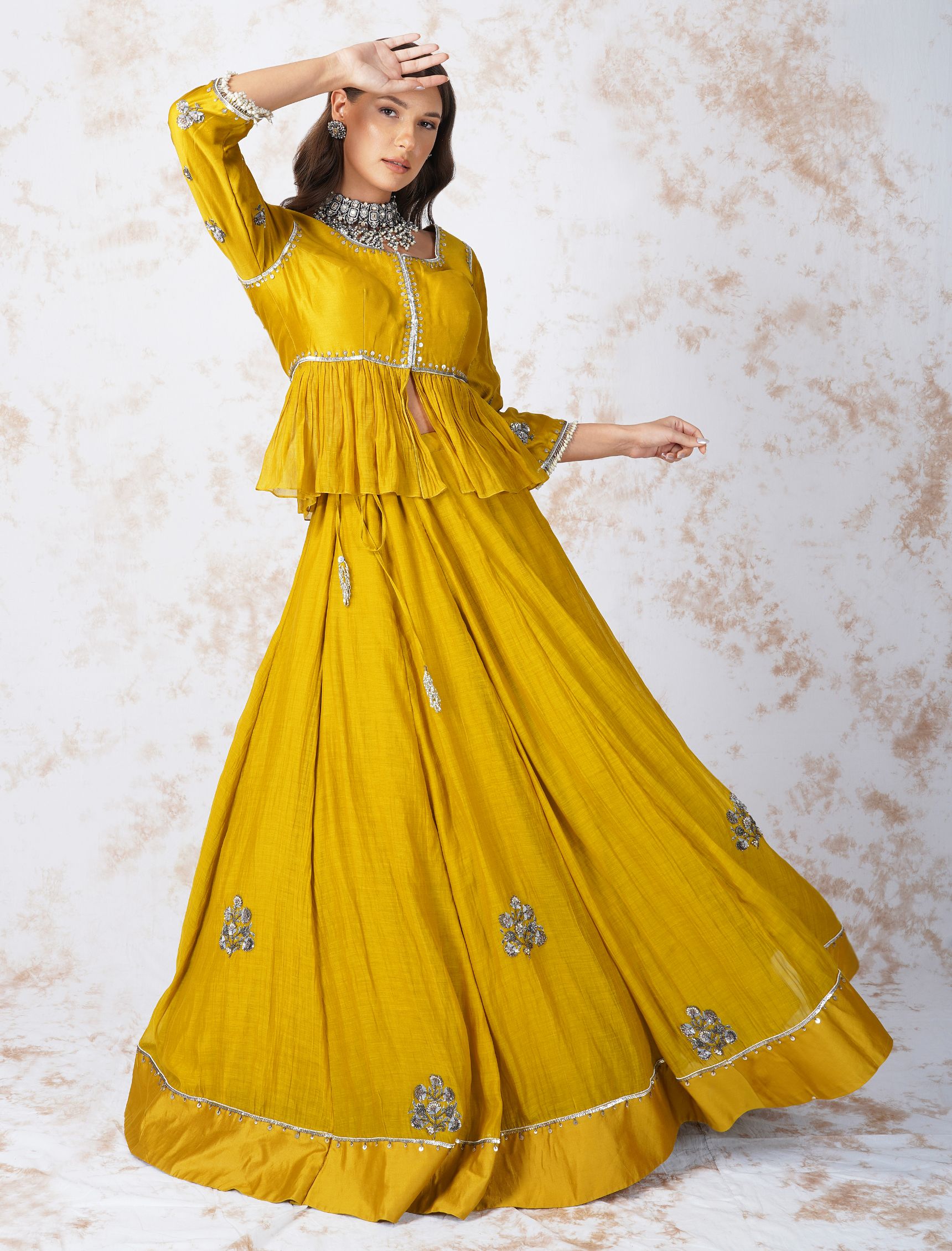 ANTIQUE WORK MUSTARD LEHENGA SET by devyanimehrotra.com with at Kamakhyaa for sustainable fashion