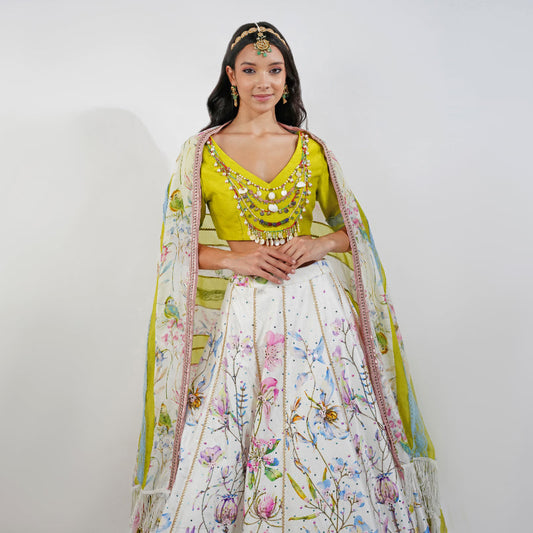 Summer floral Lehenga Set by devyanimehrotra.com with LEHENGA, mehendi outfit, printed lehenga, sangeet outfit at Kamakhyaa for sustainable fashion