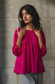 Pink Pintucked Mul Cotton Top by Araayeh with Artisan Made, Casual Wear, Cotton Mul, Pink, Solids, Tunic Tops at Kamakhyaa for sustainable fashion