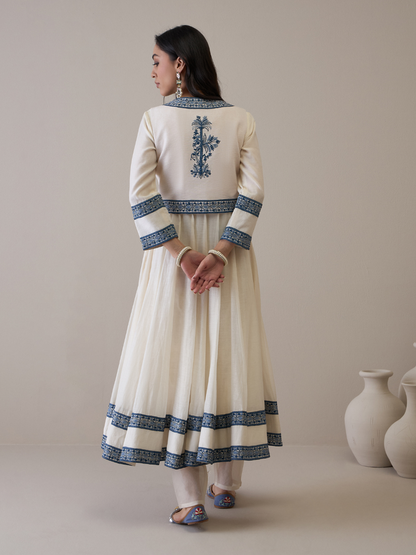 Off White Chanderi Kurta Set with Jacket by RoohbyRidhimaa with Avani by RoohbyRidhimaa, Ethnic Wear, Kurta Pant Sets, Pure Chanderi, Regular Fit, Resham Embroidered, Toxin free, White at Kamakhyaa for sustainable fashion