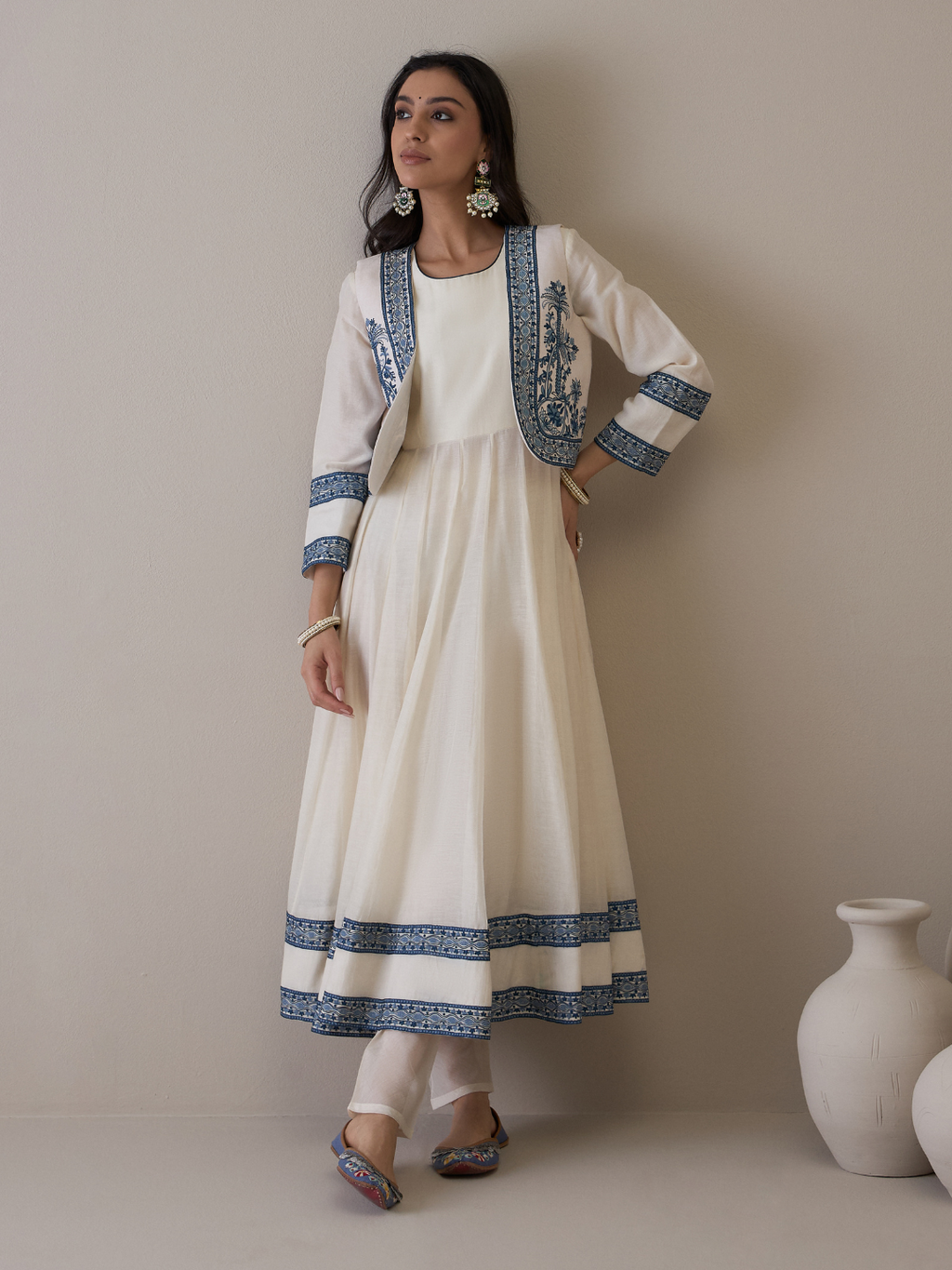 Off White Chanderi Kurta Set with Jacket by RoohbyRidhimaa with Avani by RoohbyRidhimaa, Ethnic Wear, Kurta Pant Sets, Pure Chanderi, Regular Fit, Resham Embroidered, Toxin free, White at Kamakhyaa for sustainable fashion