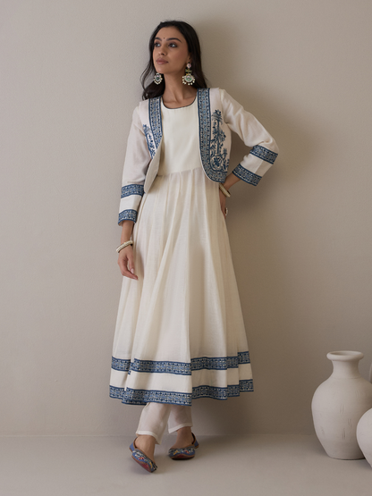 Off White Chanderi Kurta Set with Jacket by RoohbyRidhimaa with Avani by RoohbyRidhimaa, Ethnic Wear, Kurta Pant Sets, Pure Chanderi, Regular Fit, Resham Embroidered, Toxin free, White at Kamakhyaa for sustainable fashion