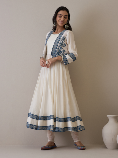 Off White Chanderi Kurta Set with Jacket by RoohbyRidhimaa with Avani by RoohbyRidhimaa, Ethnic Wear, Kurta Pant Sets, Pure Chanderi, Regular Fit, Resham Embroidered, Toxin free, White at Kamakhyaa for sustainable fashion