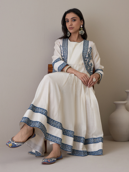 Off White Chanderi Kurta Set with Jacket by RoohbyRidhimaa with Avani by RoohbyRidhimaa, Ethnic Wear, Kurta Pant Sets, Pure Chanderi, Regular Fit, Resham Embroidered, Toxin free, White at Kamakhyaa for sustainable fashion