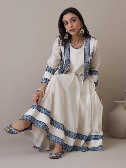 Off White Chanderi Kurta Set with Jacket by RoohbyRidhimaa with Avani by RoohbyRidhimaa, Ethnic Wear, Kurta Pant Sets, Pure Chanderi, Regular Fit, Resham Embroidered, Toxin free, White at Kamakhyaa for sustainable fashion