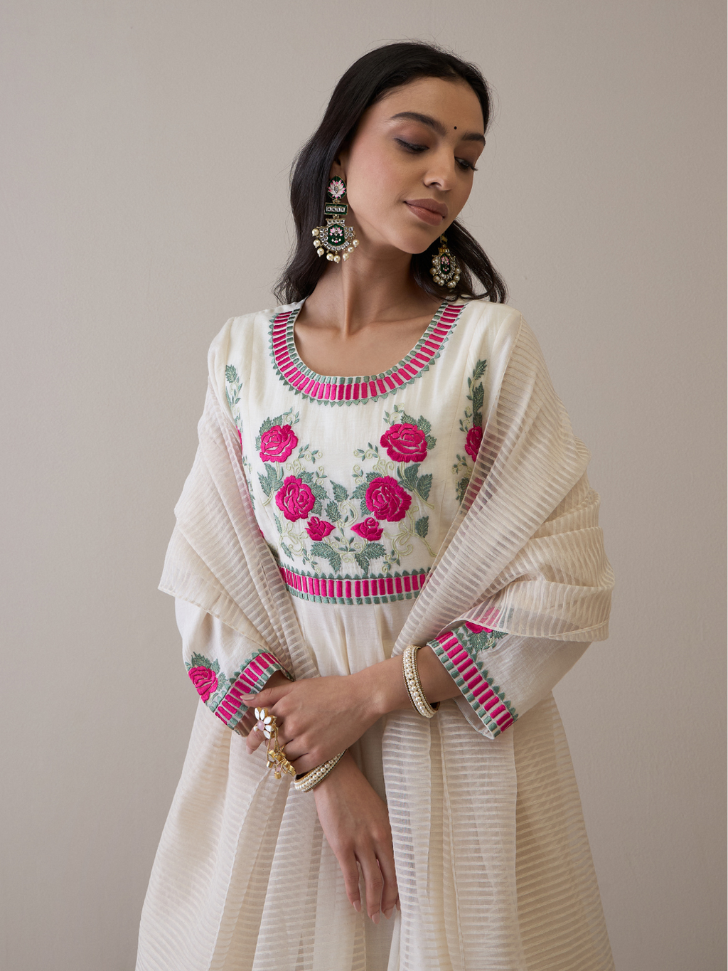 Off White Floral Embroidered Anarkali Kurta Set with dupatta by RoohbyRidhimaa with Avani by RoohbyRidhimaa, Chanderi Silk, Ethnic Wear, Kurta Set with Dupattas, Pure Silk Chanderi, Regular Fit, Resham Embroidered, Silk Chanderi, Toxin free, White at Kamakhyaa for sustainable fashion