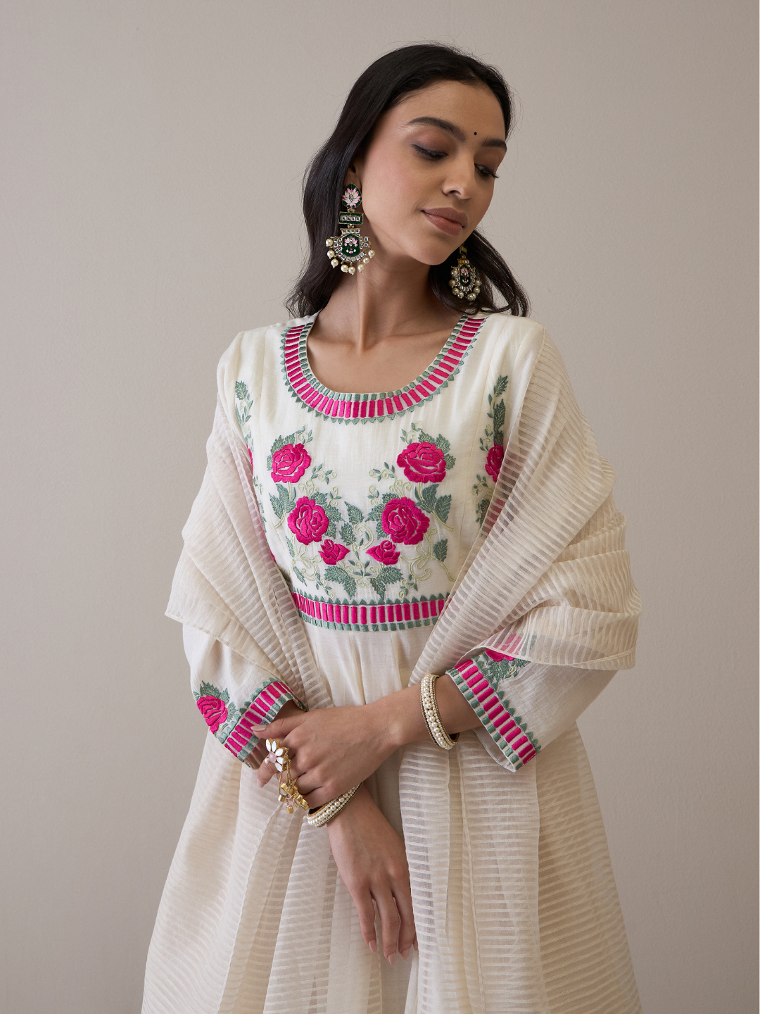 Off White Floral Embroidered Anarkali Kurta Set with dupatta by RoohbyRidhimaa with Avani by RoohbyRidhimaa, Chanderi Silk, Ethnic Wear, Kurta Set with Dupattas, Pure Silk Chanderi, Regular Fit, Resham Embroidered, Silk Chanderi, Toxin free, White at Kamakhyaa for sustainable fashion