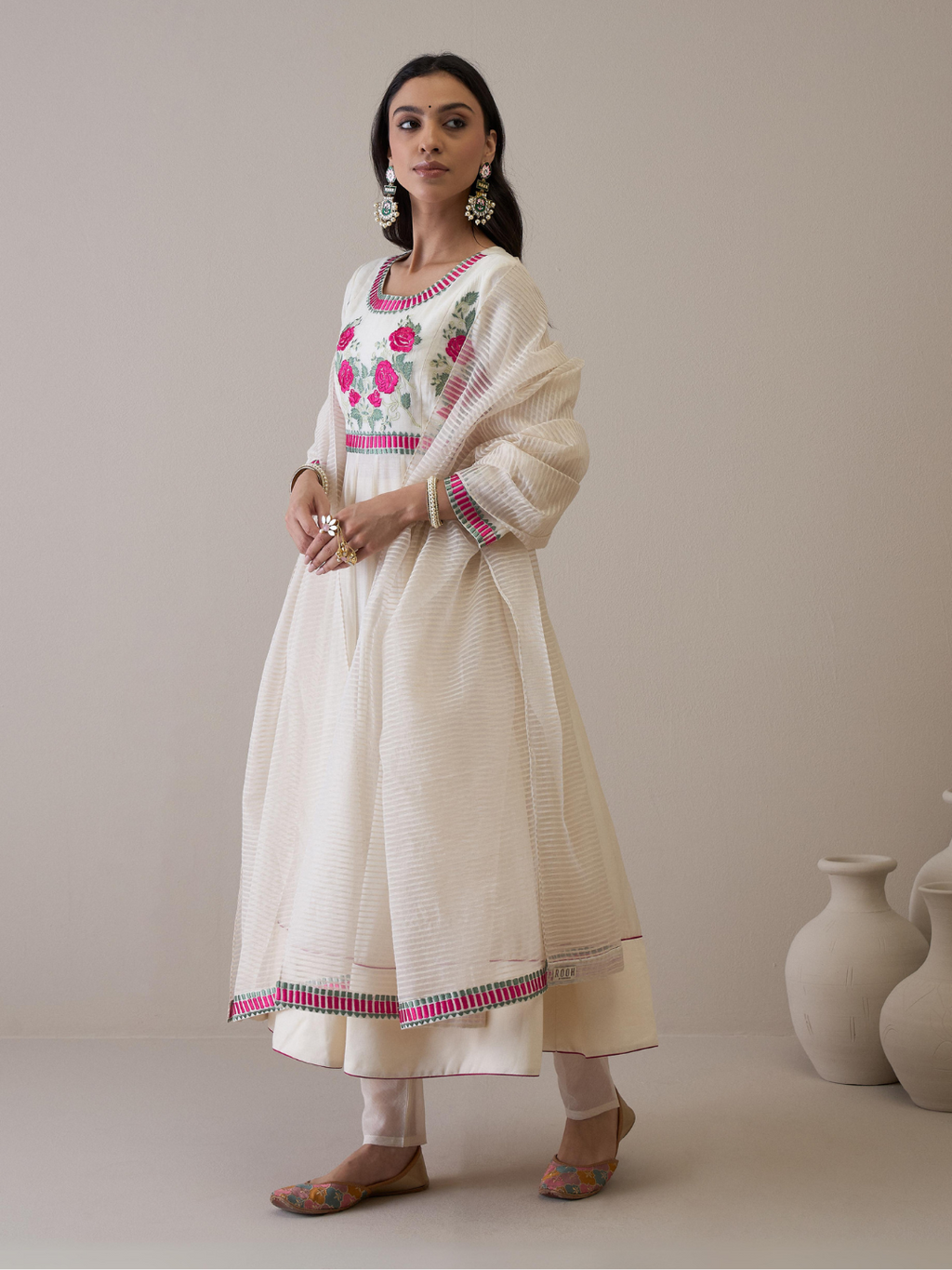 Off White Floral Embroidered Anarkali Kurta Set with dupatta by RoohbyRidhimaa with Avani by RoohbyRidhimaa, Chanderi Silk, Ethnic Wear, Kurta Set with Dupattas, Pure Silk Chanderi, Regular Fit, Resham Embroidered, Silk Chanderi, Toxin free, White at Kamakhyaa for sustainable fashion