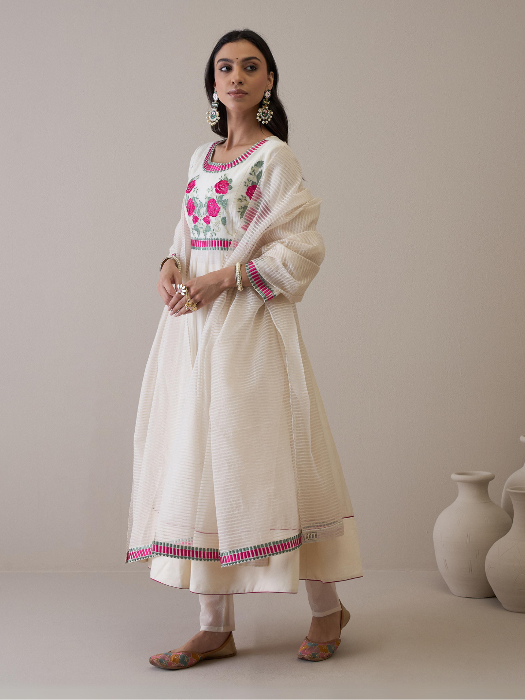 Off White Floral Embroidered Anarkali Kurta Set with dupatta by RoohbyRidhimaa with Avani by RoohbyRidhimaa, Chanderi Silk, Ethnic Wear, Kurta Set with Dupattas, Pure Silk Chanderi, Regular Fit, Resham Embroidered, Silk Chanderi, Toxin free, White at Kamakhyaa for sustainable fashion