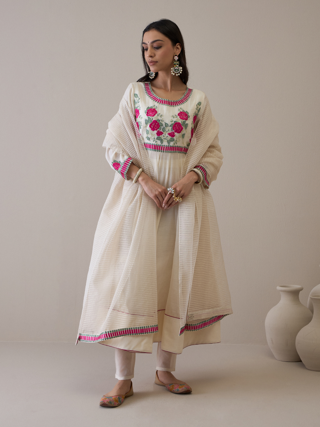 Off White Floral Embroidered Anarkali Kurta Set with dupatta by RoohbyRidhimaa with Avani by RoohbyRidhimaa, Chanderi Silk, Ethnic Wear, Kurta Set with Dupattas, Pure Silk Chanderi, Regular Fit, Resham Embroidered, Silk Chanderi, Toxin free, White at Kamakhyaa for sustainable fashion