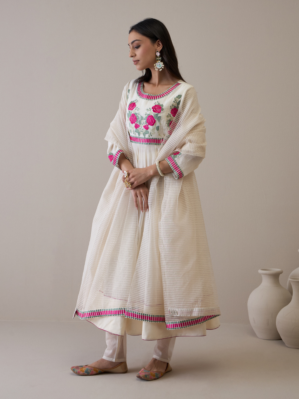Off White Floral Embroidered Anarkali Kurta Set with dupatta by RoohbyRidhimaa with Avani by RoohbyRidhimaa, Chanderi Silk, Ethnic Wear, Kurta Set with Dupattas, Pure Silk Chanderi, Regular Fit, Resham Embroidered, Silk Chanderi, Toxin free, White at Kamakhyaa for sustainable fashion
