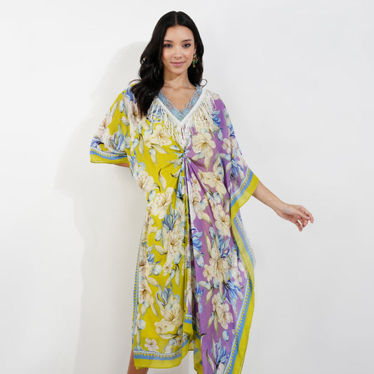 Dual Tone Vintage Floral Kaftan by devyanimehrotra.com with BEACH KAFTAN, KAFTAN DRESS, KAFTANS, PRINTED KAFTAN at Kamakhyaa for sustainable fashion