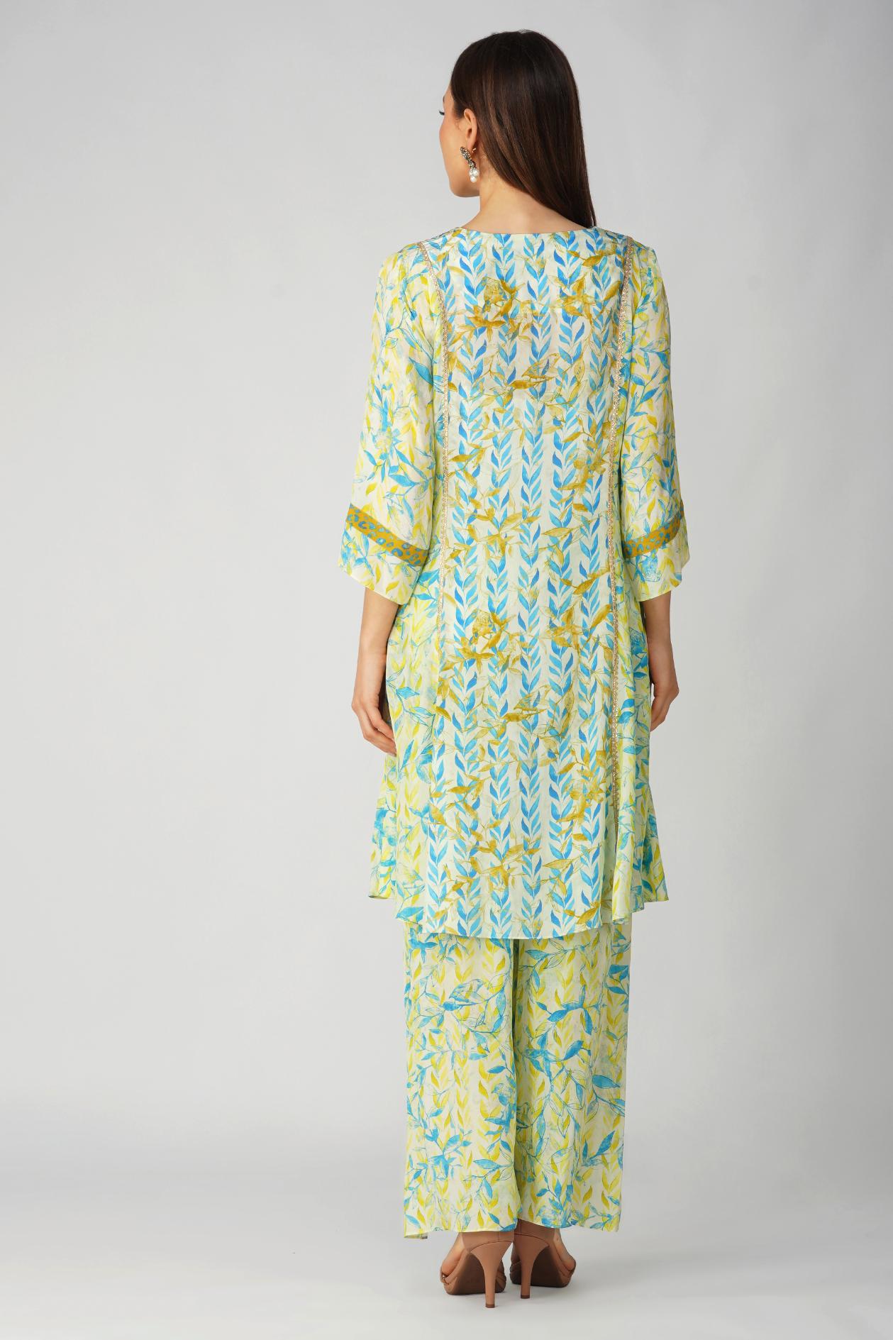 LEAF PRINT PANELLED TUNIC SET by devyanimehrotra.com with at Kamakhyaa for sustainable fashion