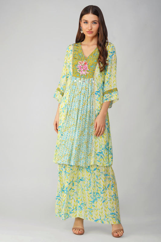 LEAF PRINT PANELLED TUNIC SET by devyanimehrotra.com with at Kamakhyaa for sustainable fashion