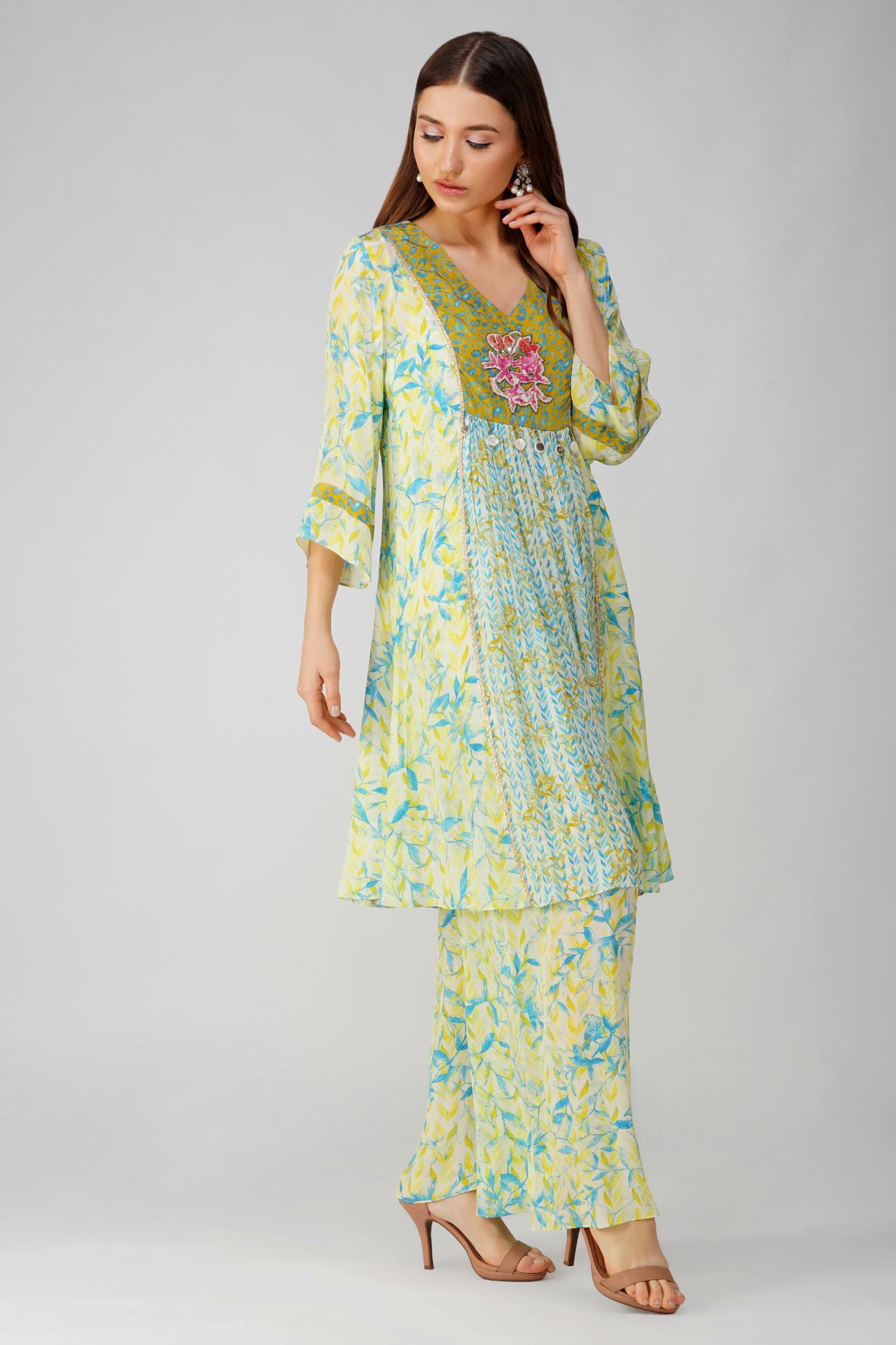 LEAF PRINT PANELLED TUNIC SET by devyanimehrotra.com with at Kamakhyaa for sustainable fashion